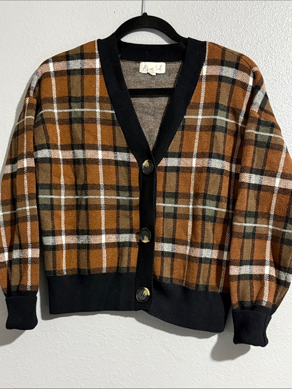 Marled Brown Plaid Cardigan with Black Trim